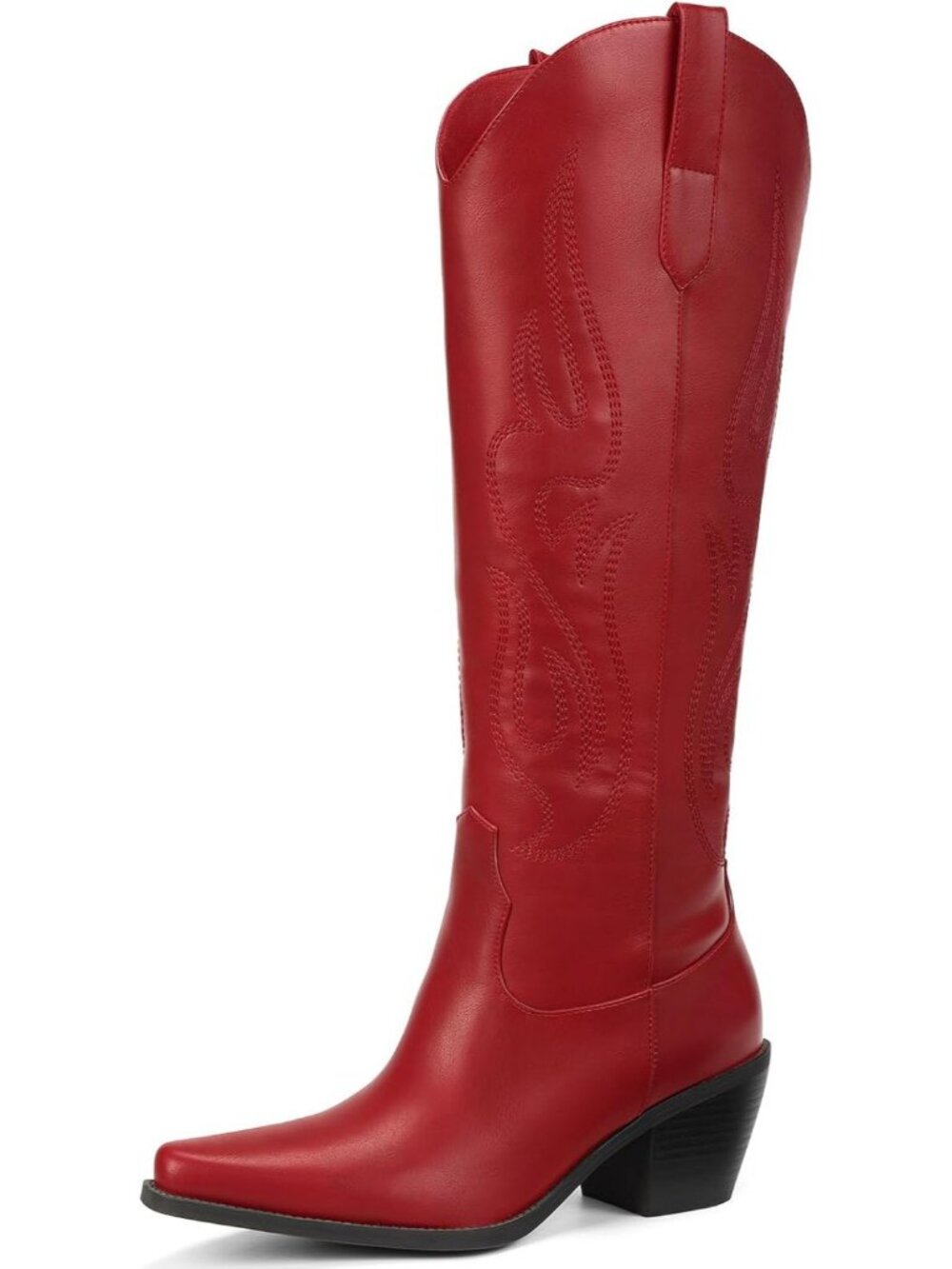 Women Dark Red Pointed Toe Chunky Knee High Wide Calf Western Cowgirl Tall Boot